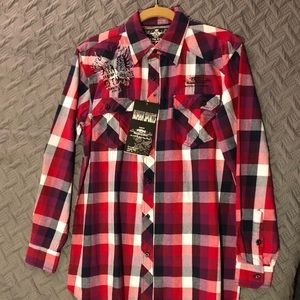 Koman sports red plaid button down NWT